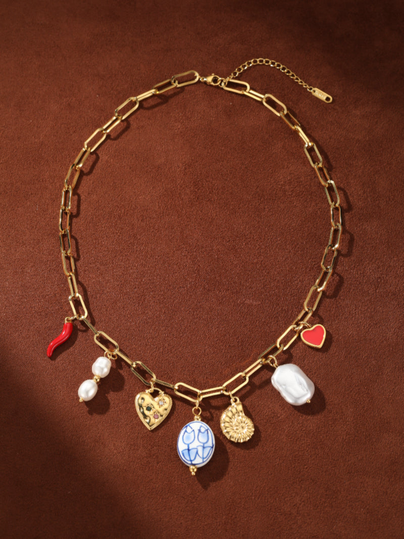 Kaleidoscope - Freshwater Pearl Heart Flower Chunky Chain Necklaces