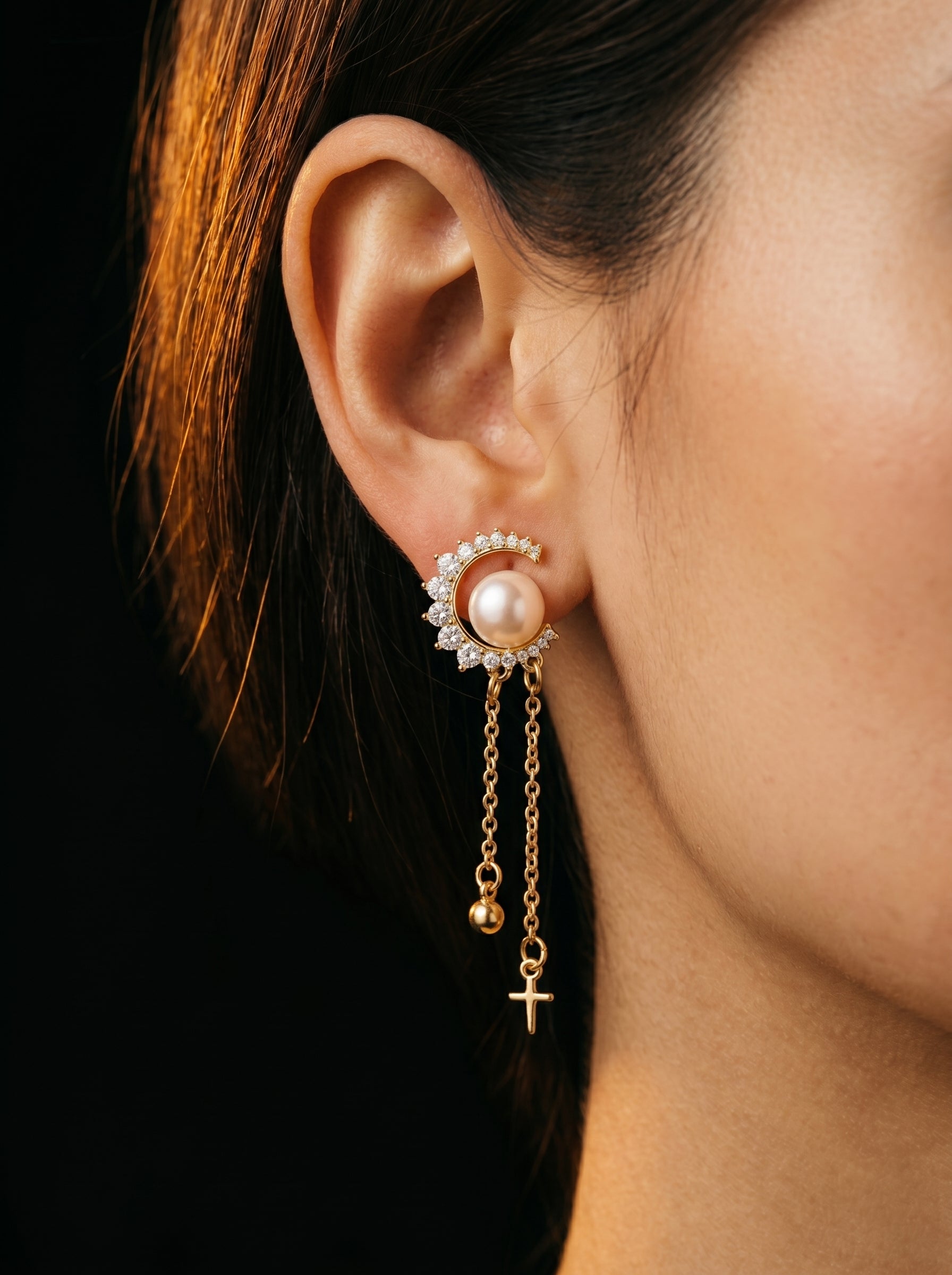Moonlit - Freshwater Pearl Moon Dangle Earrings