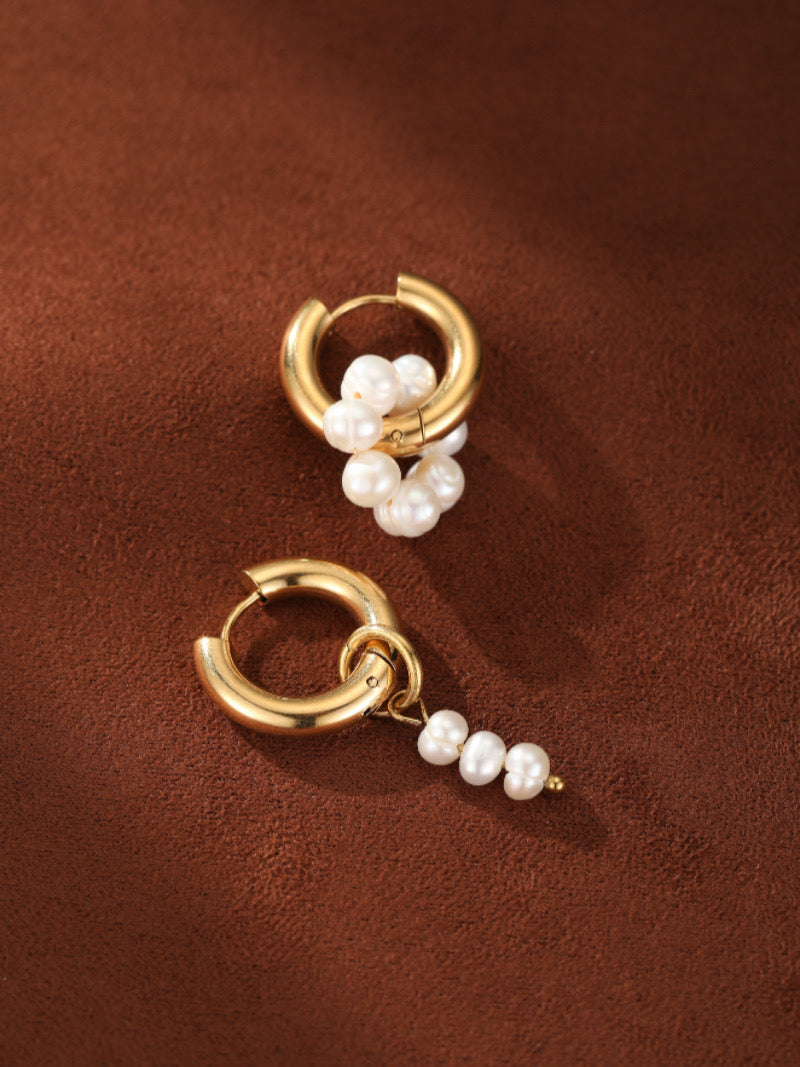 Gathered Glow - Freshwater Pearl Asymmetrical Hoop Drop Earrings