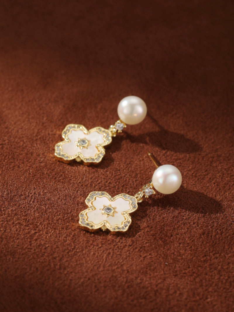 Aethel - Freshwater Pearl Cross Drop Stud Earrings