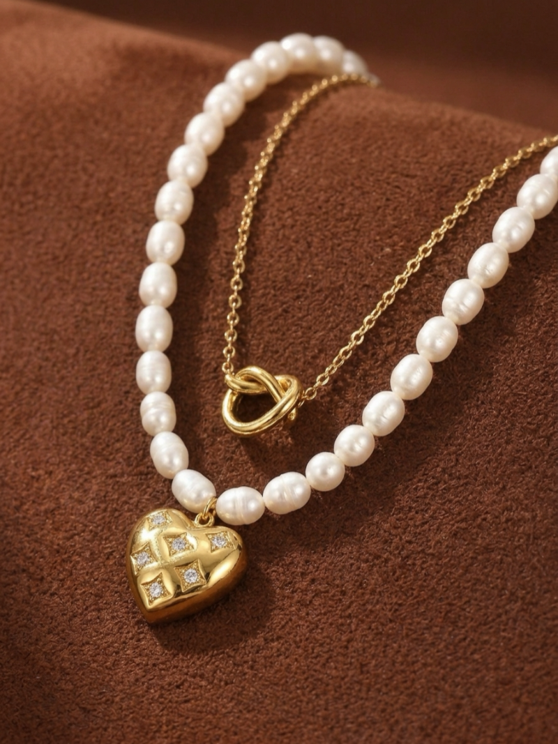 Affinité - Collier superposé cœur en perles de culture d'eau douce