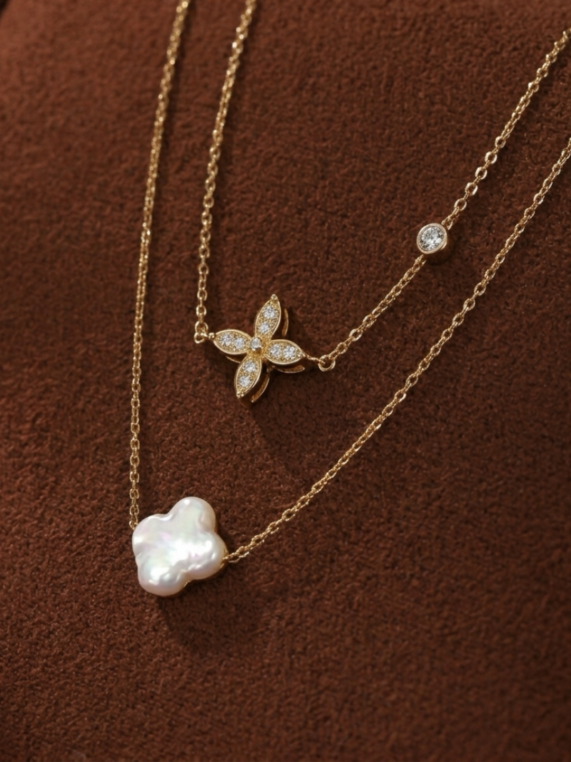 Fortune - Collier superposé trèfle et perle de culture d'eau douce