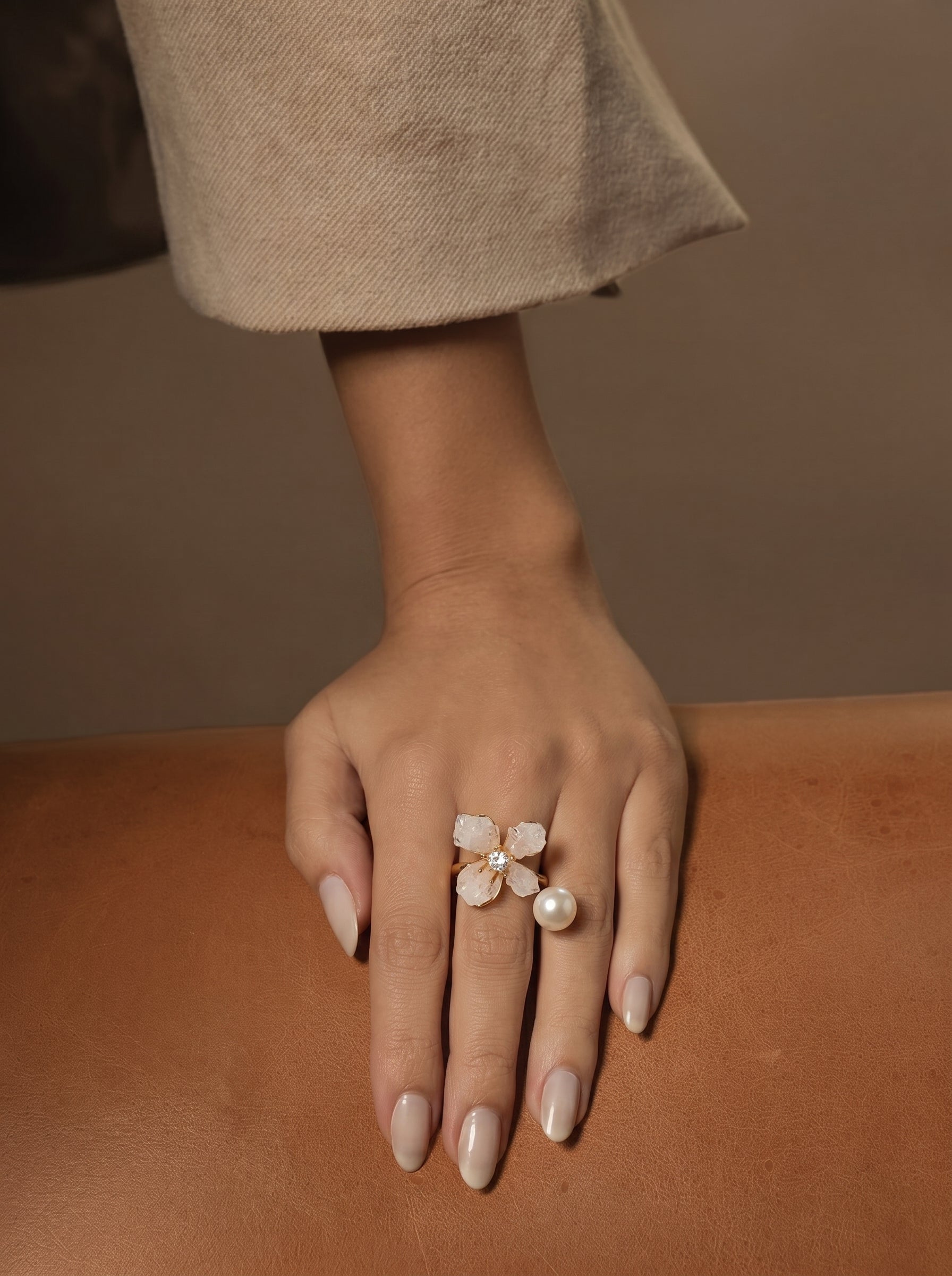 Aster - Freshwater Pearl Flower Cuff Ring