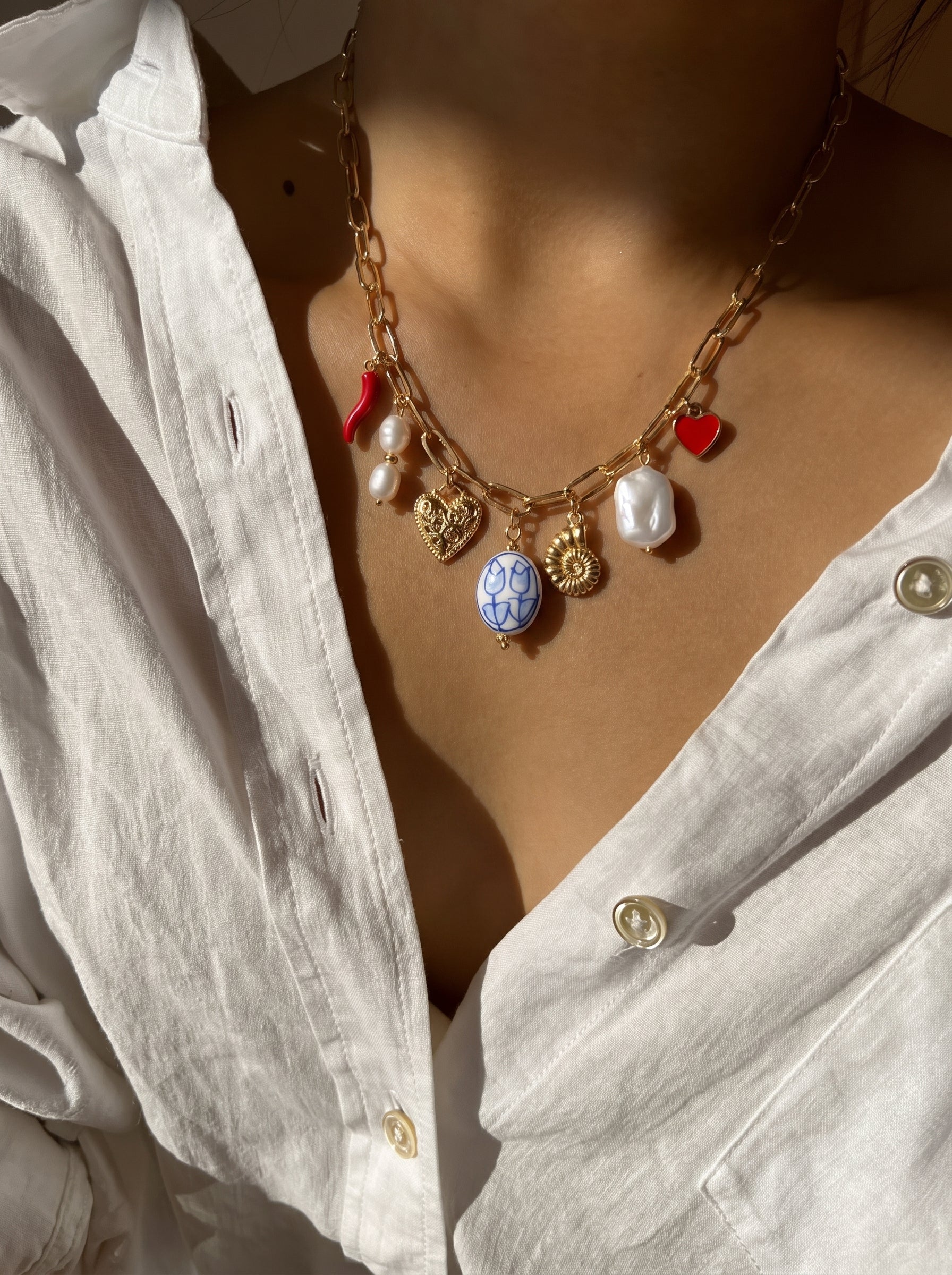 Kaleidoscope - Freshwater Pearl Heart Flower Chunky Chain Necklaces