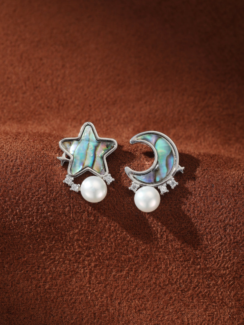 Orbit - Freshwater Pearl Moon and Star Stud Earrings