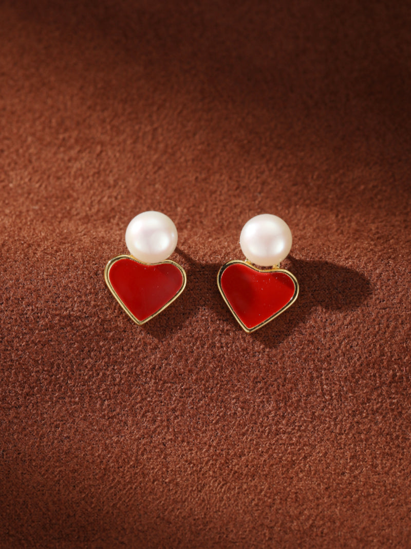 Ardour - Freshwater Pearl Heart Stud Drop Earrings