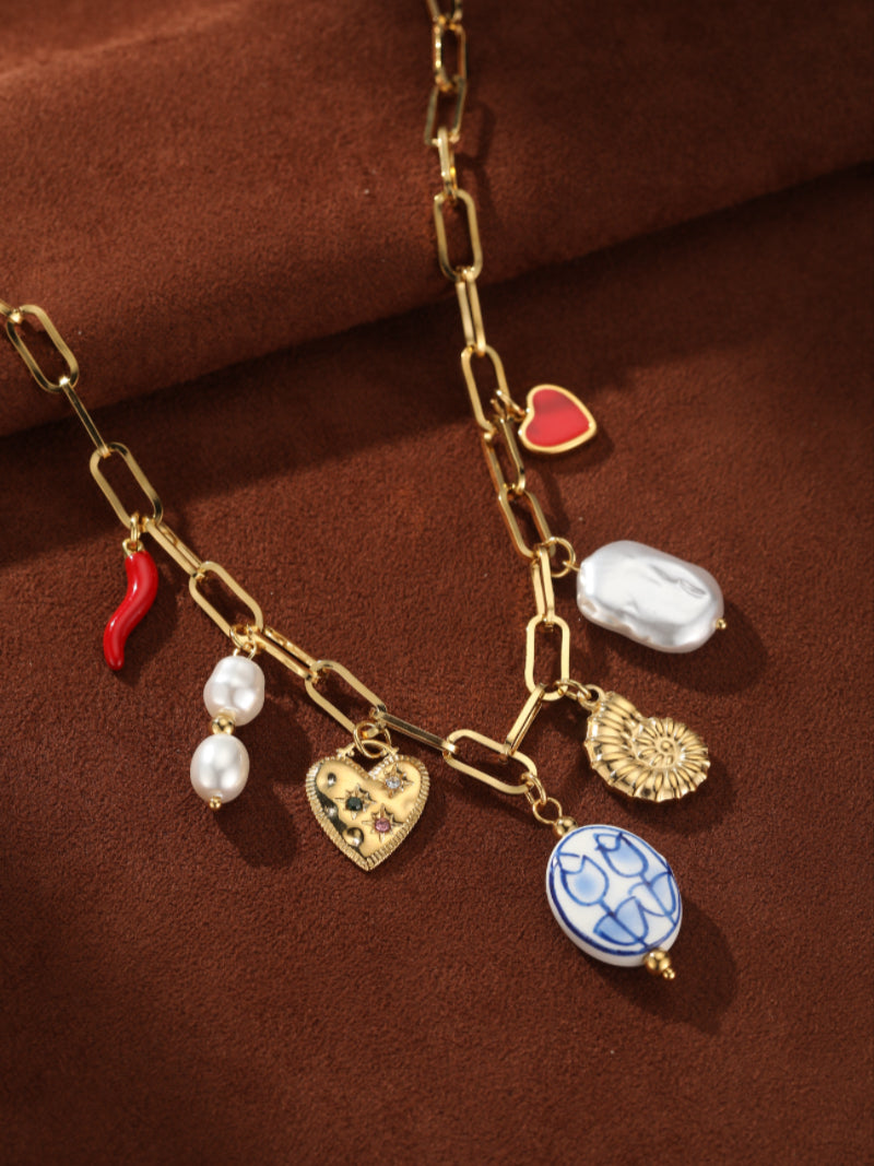 Kaleidoscope - Freshwater Pearl Heart Flower Chunky Chain Necklaces