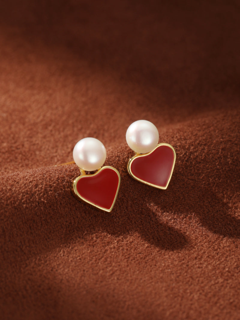 Ardour - Freshwater Pearl Heart Stud Drop Earrings