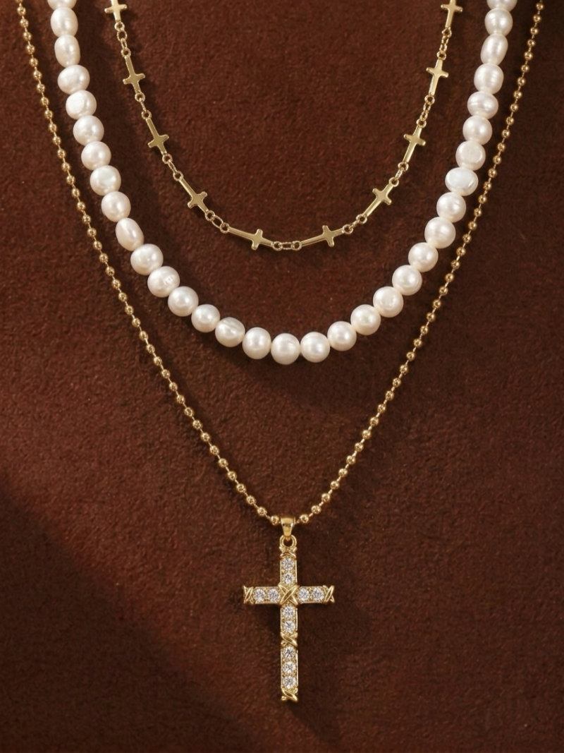 Sanctum - Collier superposé croix et perles de culture d'eau douce