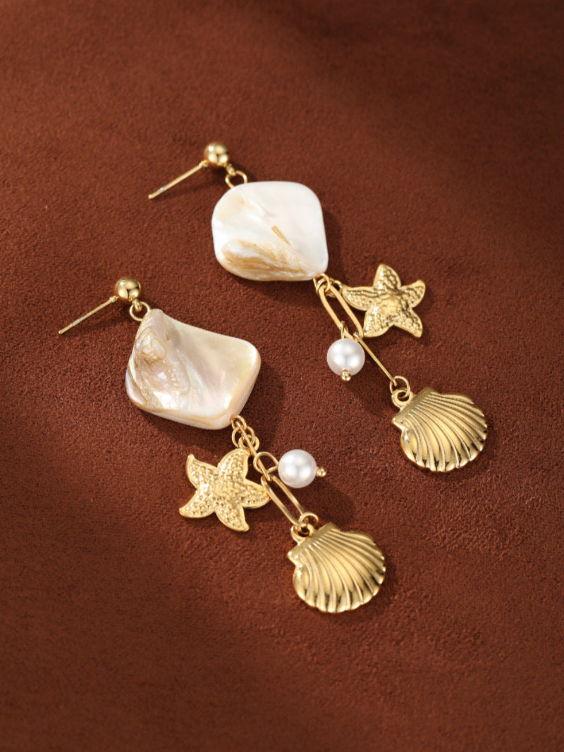 Coastal Allure - Freshwater Pearl & Mother of Pearl Seashell Star Dangle Earrings