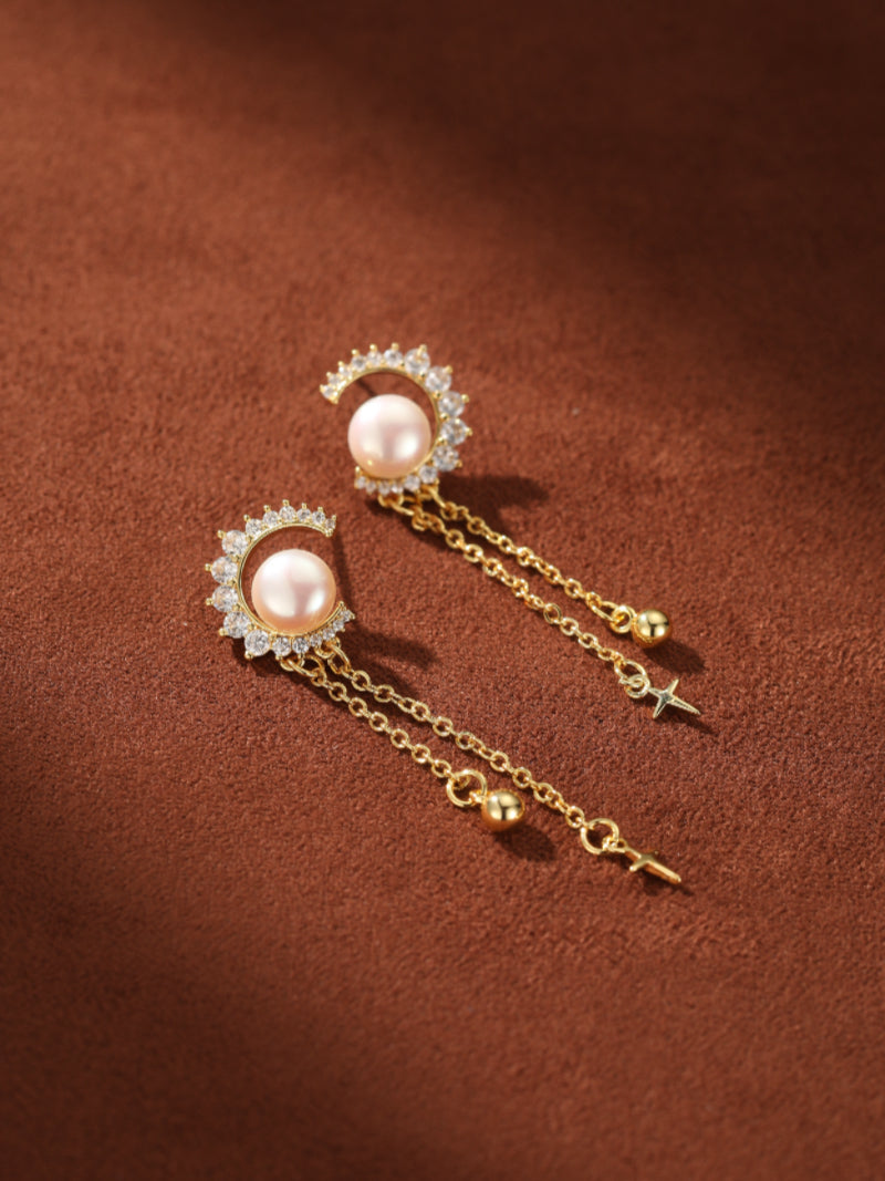 Moonlit - Freshwater Pearl Moon Dangle Earrings