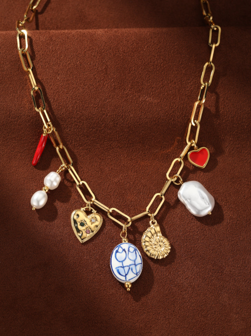 Kaleidoscope - Freshwater Pearl Heart Flower Chunky Chain Necklaces