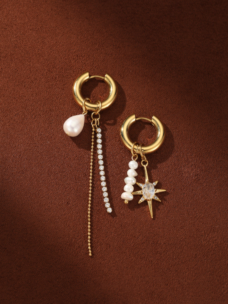 Stardust - Freshwater Pearl Star Hoop Dangle Earrings