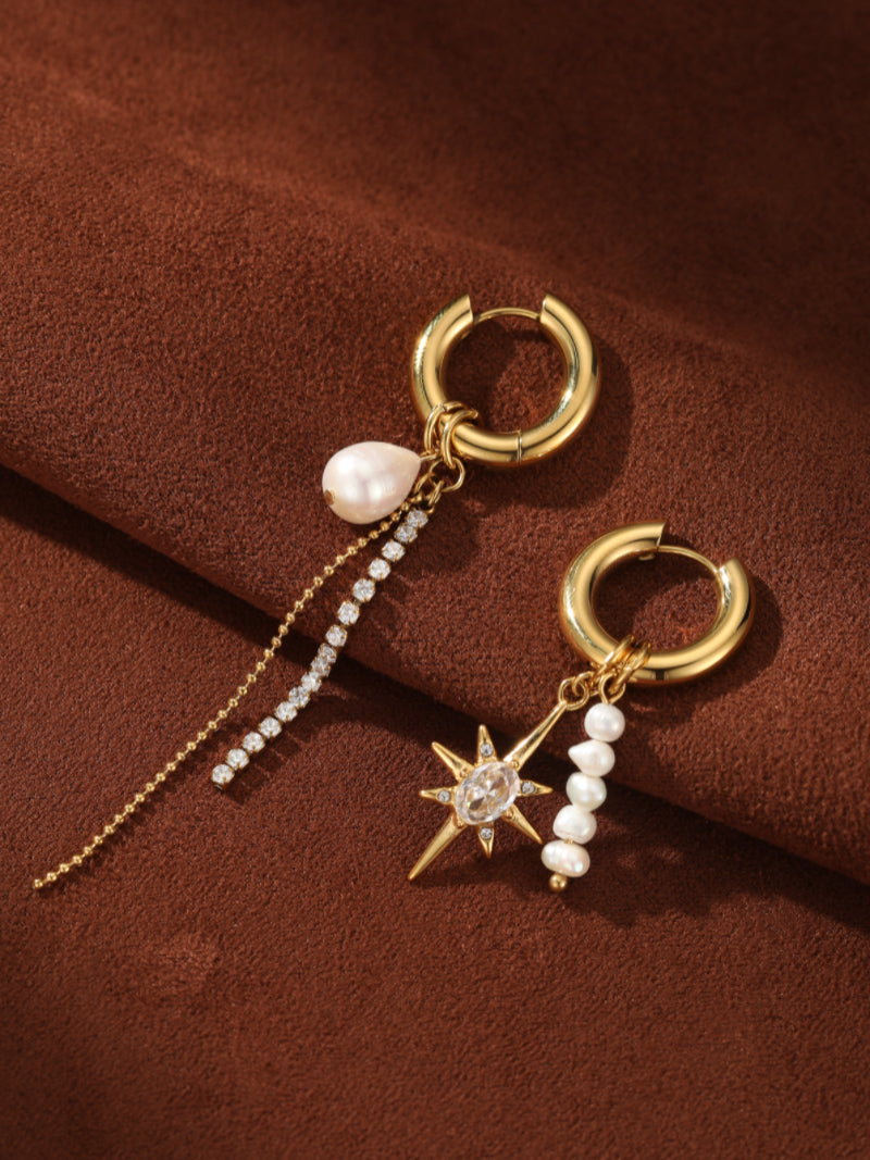Stardust - Freshwater Pearl Star Hoop Dangle Earrings