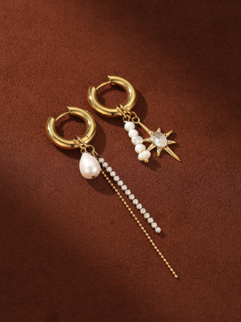 Stardust - Freshwater Pearl Star Hoop Dangle Earrings