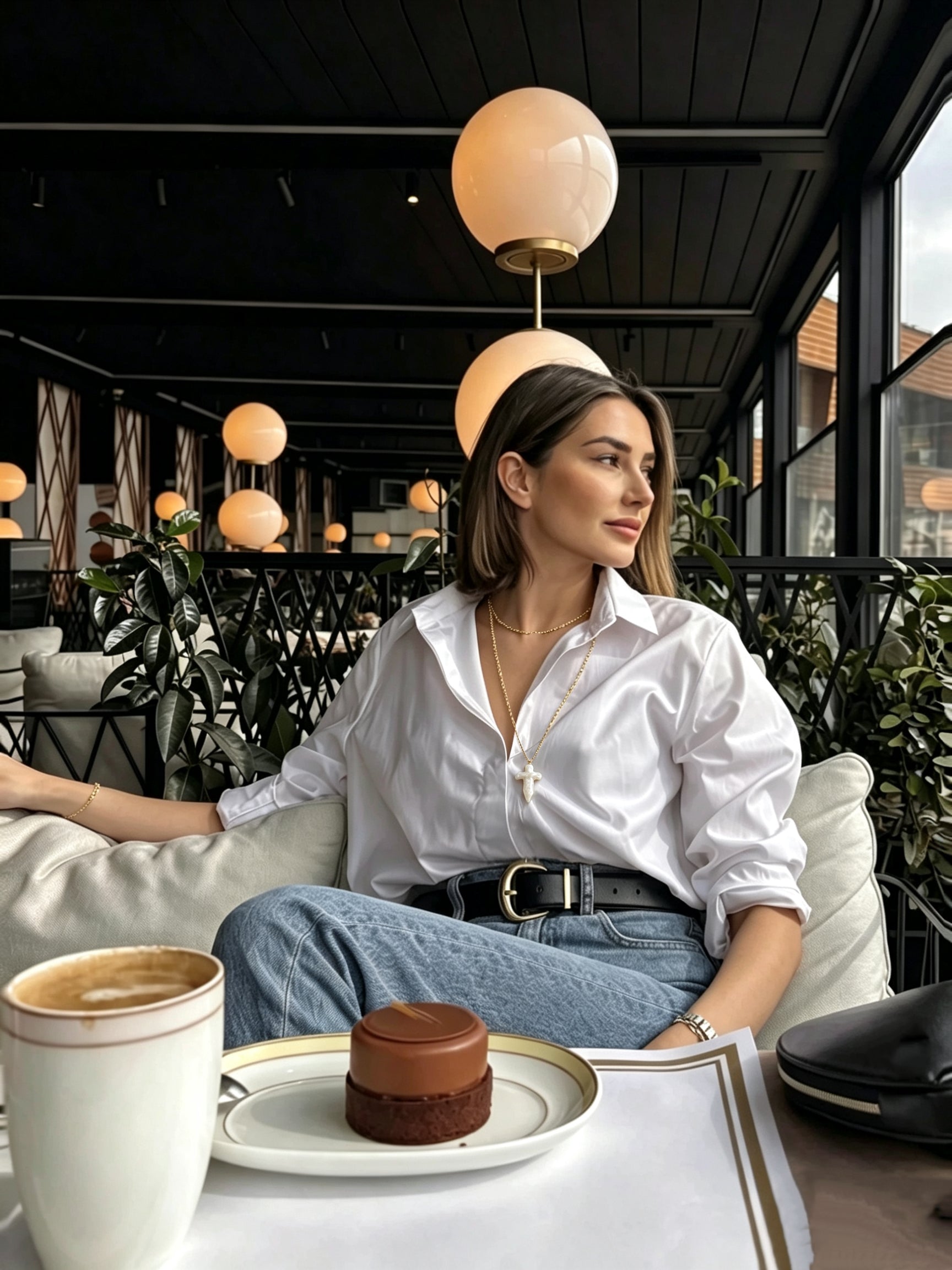 A woman in a white shirt and jeans is wearing the Aegis Freshwater Pearl Cross Layered Large Necklace while sitting in a cafe with coffee and dessert. @lifestyle #lifestyle