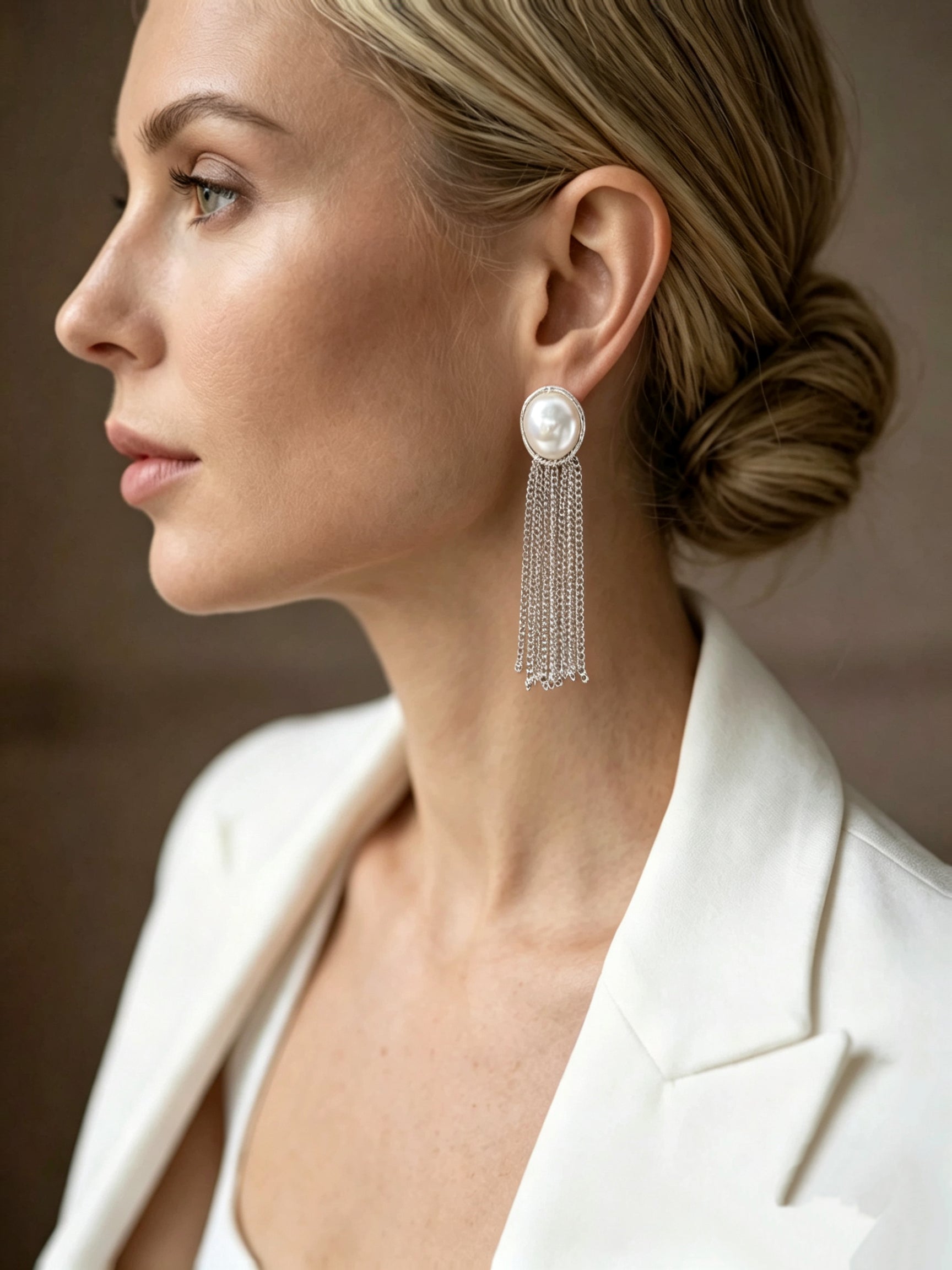 Close-up of a woman wearing Cascade Freshwater Pearl Fringe Dangle Earrings, featuring a large white baroque pearl and cascading silver-toned chains. @model