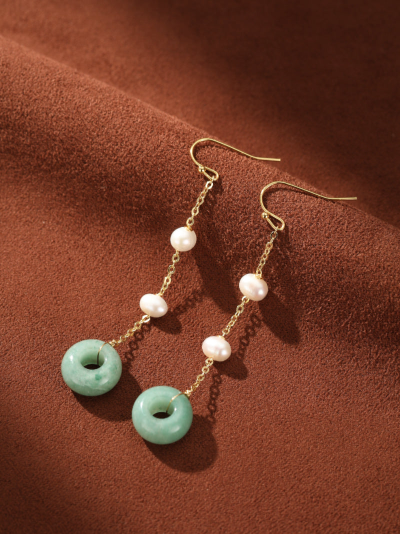 Dewdrop - Freshwater Pearl Ring Dangle Earrings: Delicate gold chain dangle earrings featuring smooth, light green jade rings and small white freshwater pearls. @pearl