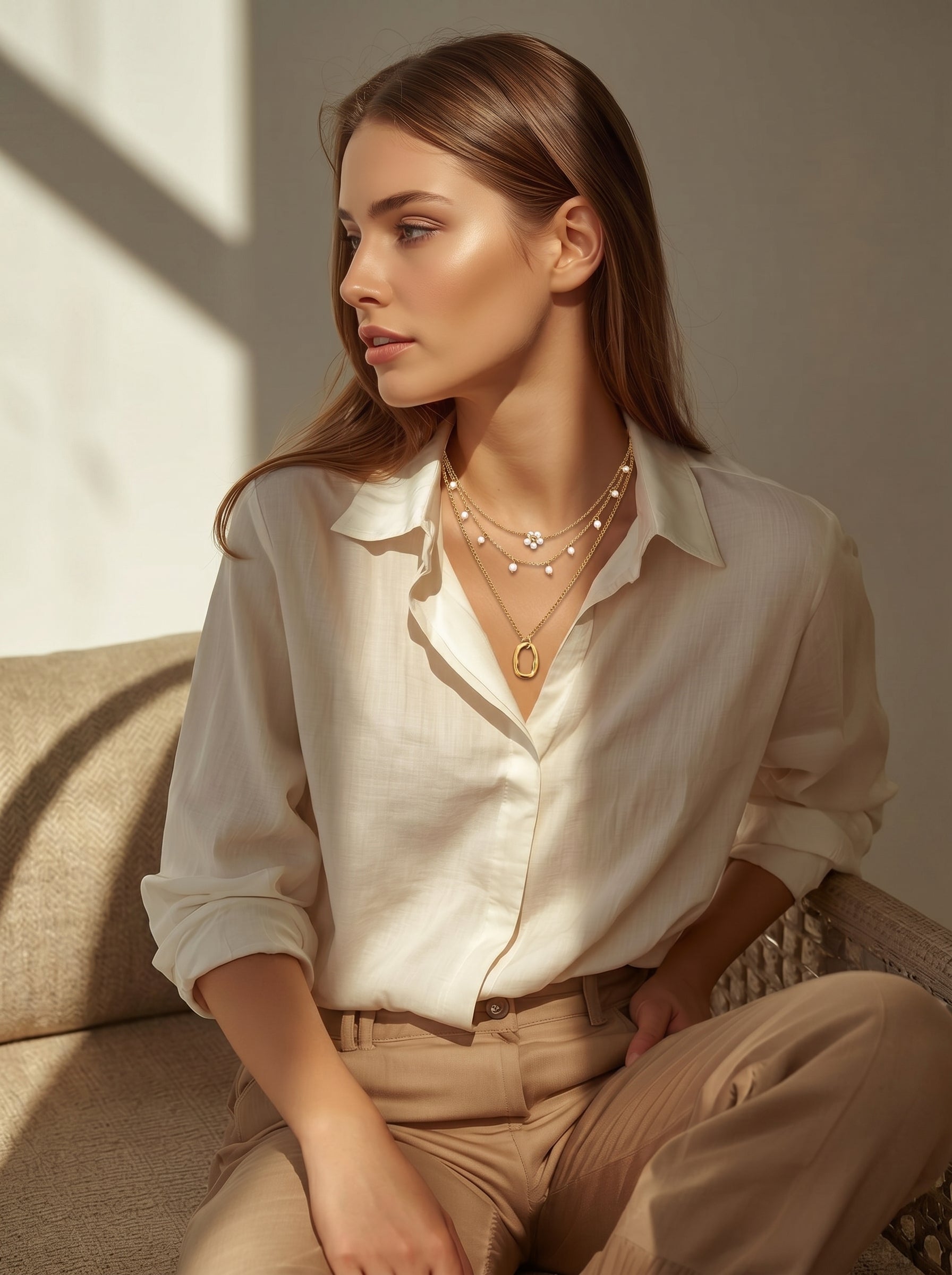 A woman wears a layered gold chain necklace with freshwater pearls and a flower motif, featuring an organic pendant. She is dressed in a white linen shirt and beige pants, sitting in a sunlit room. @lifestyle