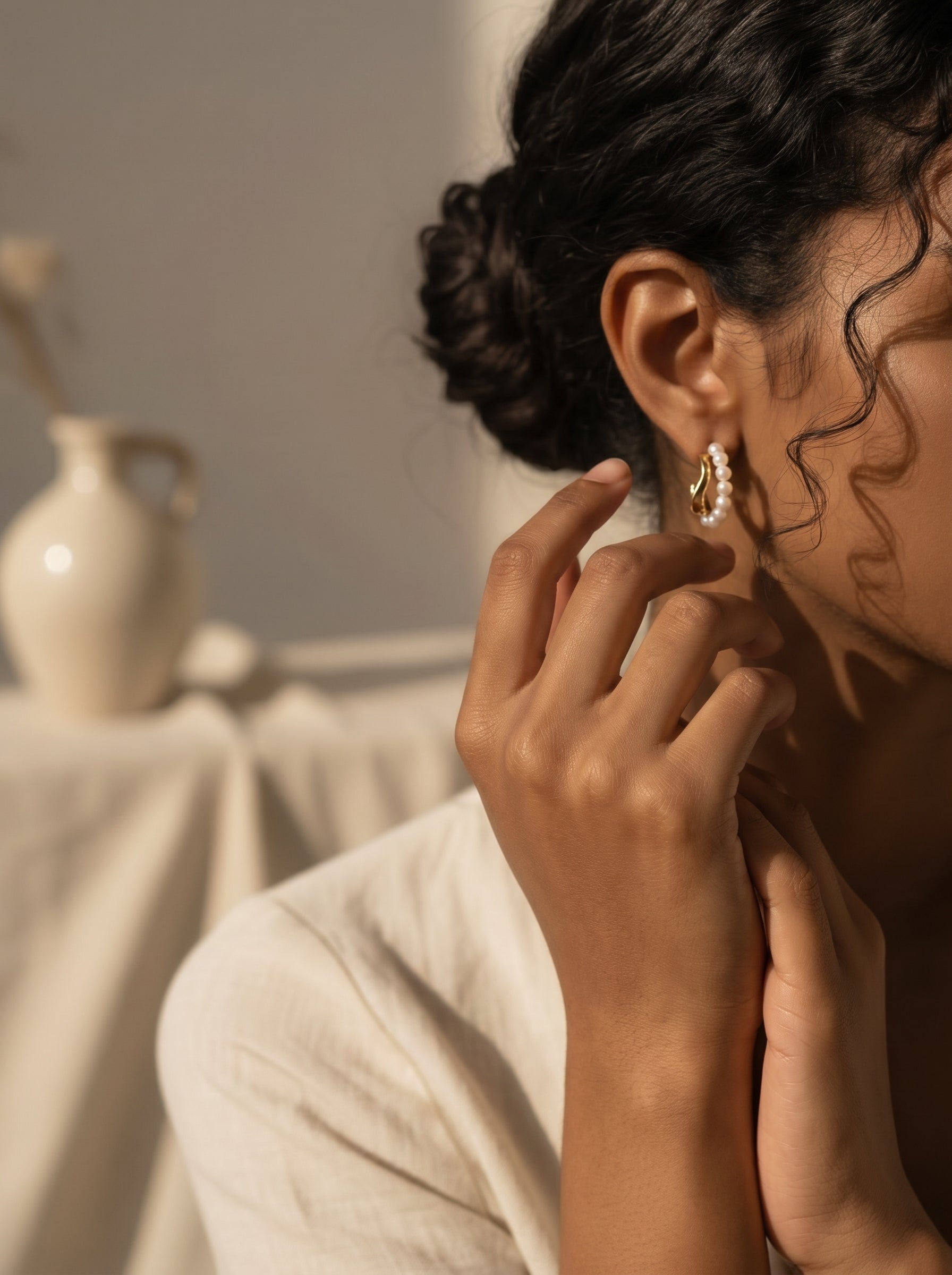 Crescent - Freshwater Pearl Hoop Stud Earrings