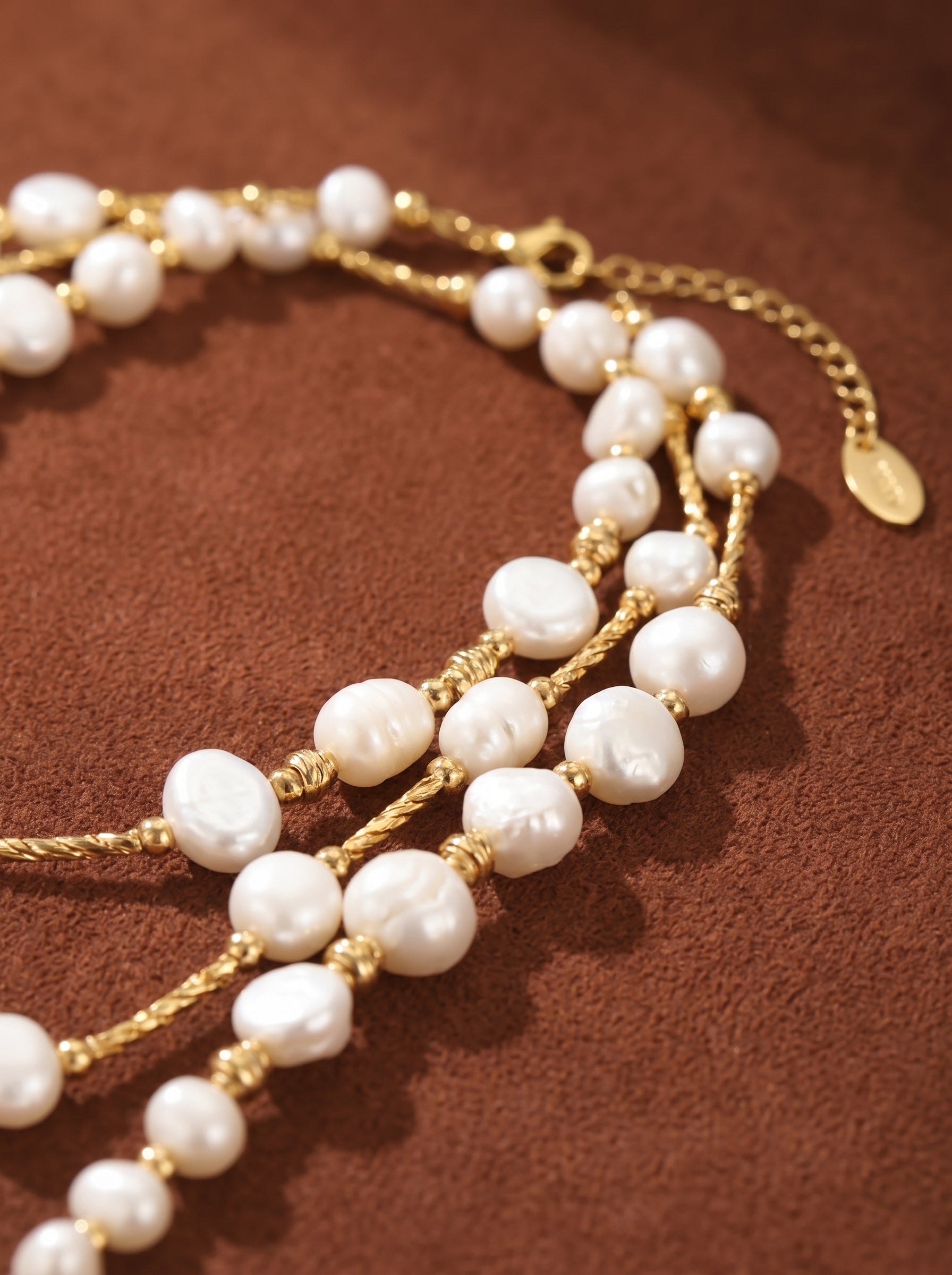 Close-up of a layered gold necklace with irregular white freshwater pearls and gold beads on a brown textured background. @pearl