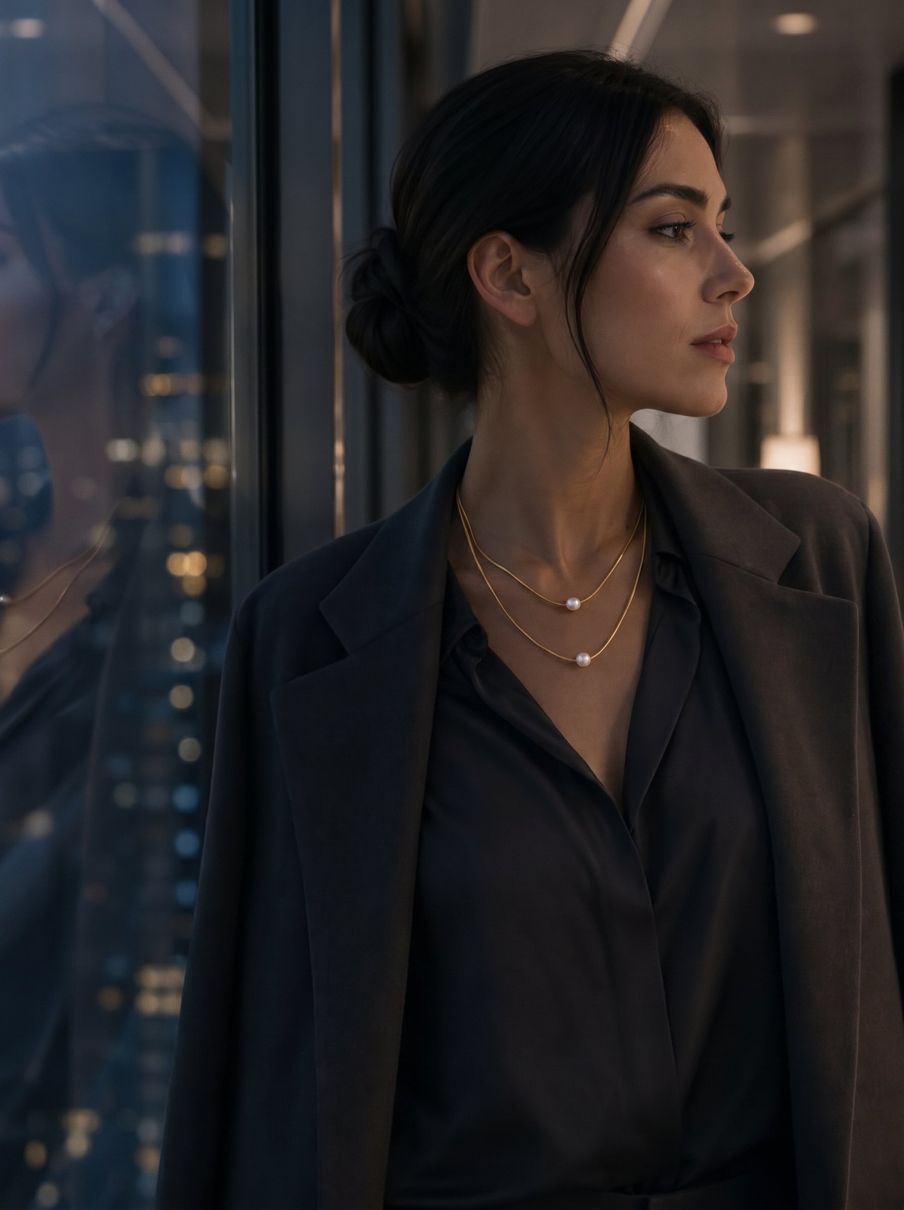 Une femme portant un costume et une chemise foncés, parée du collier superposé Lunar Glide présentant deux perles flottantes d'eau douce, reflétée dans une fenêtre avec les lumières de la ville. @lifestyle
