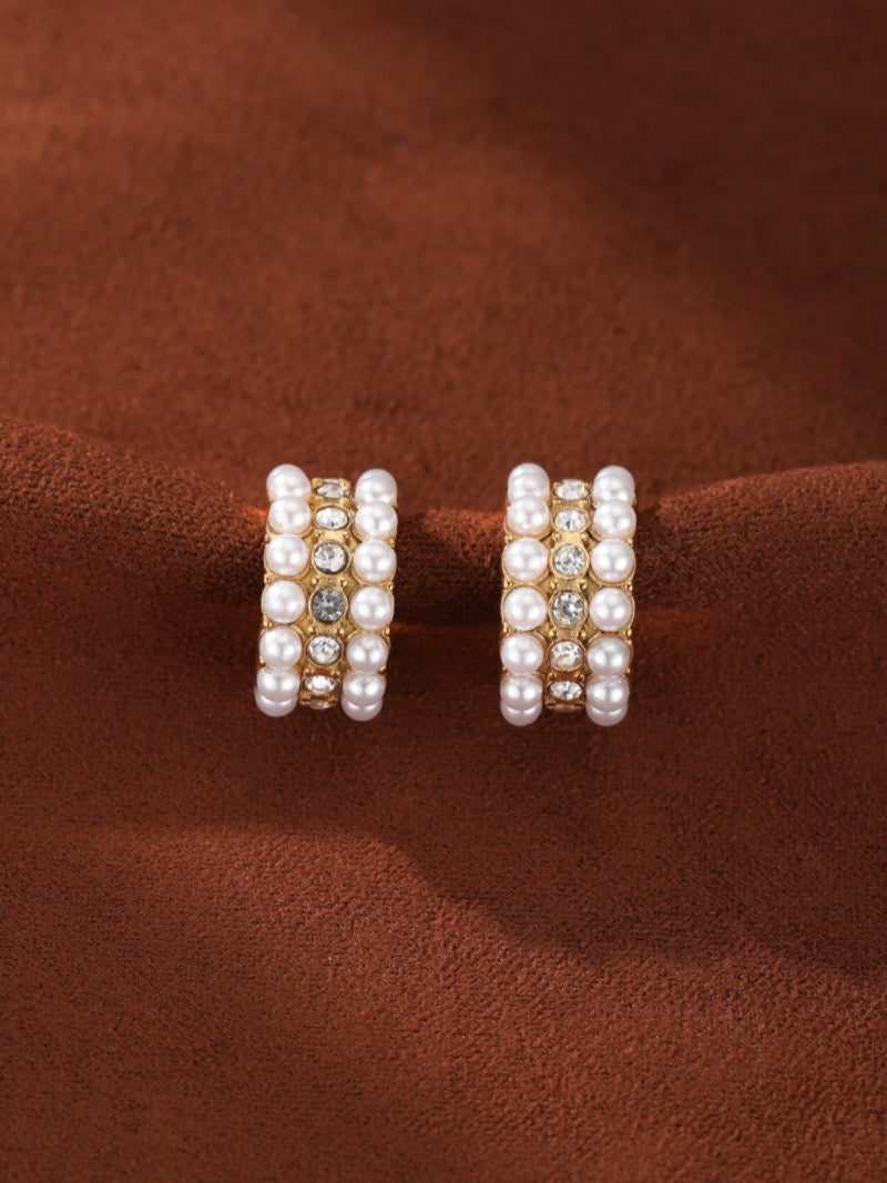 Pillar - Freshwater Pearl Hoop Earrings featuring three rows of 3 mm white button pearls and sparkling crystals set in gold-tone metal.