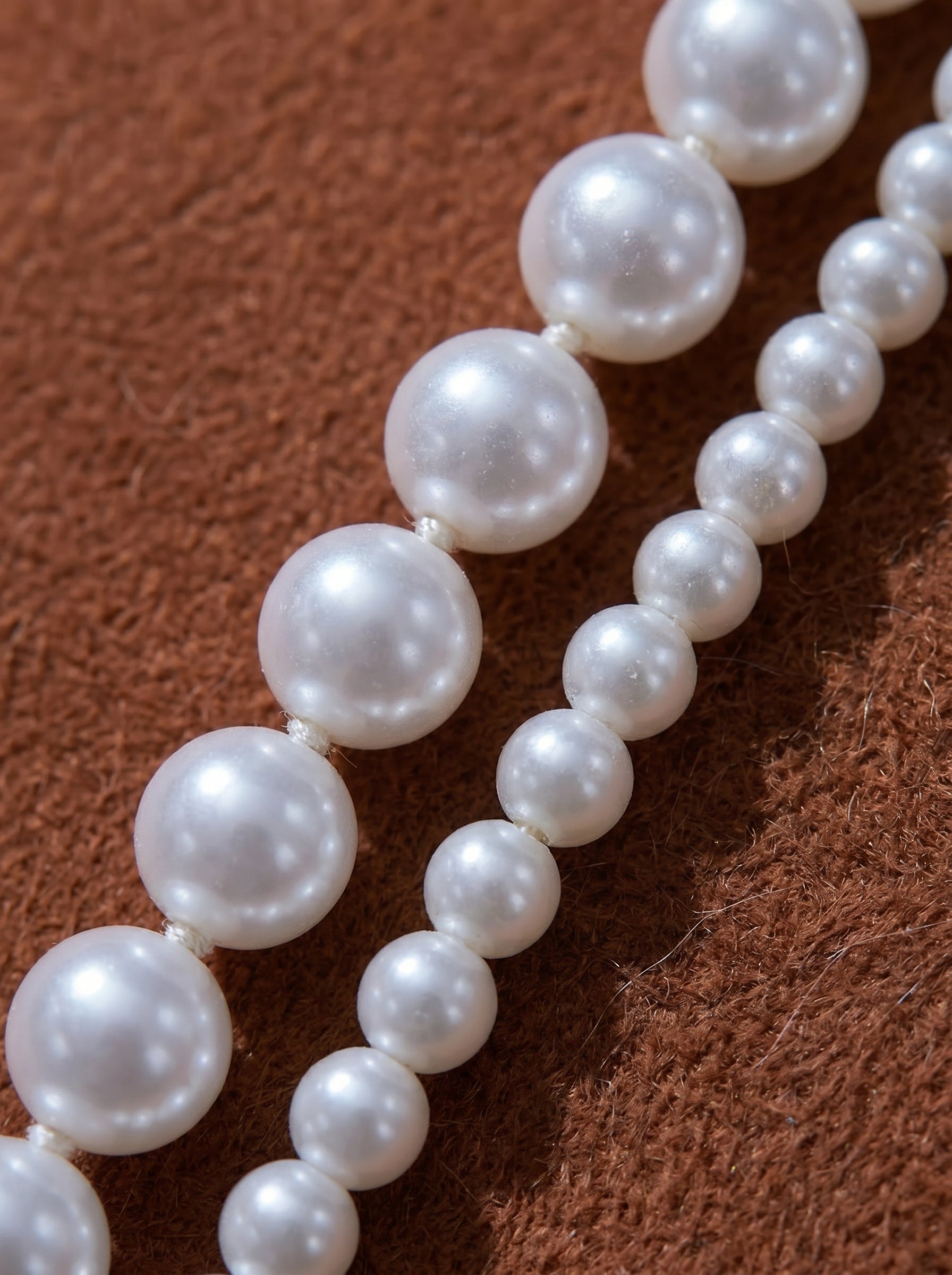 Rhapsody layered necklace with varying sizes of white freshwater pearls on a brown textured background.
