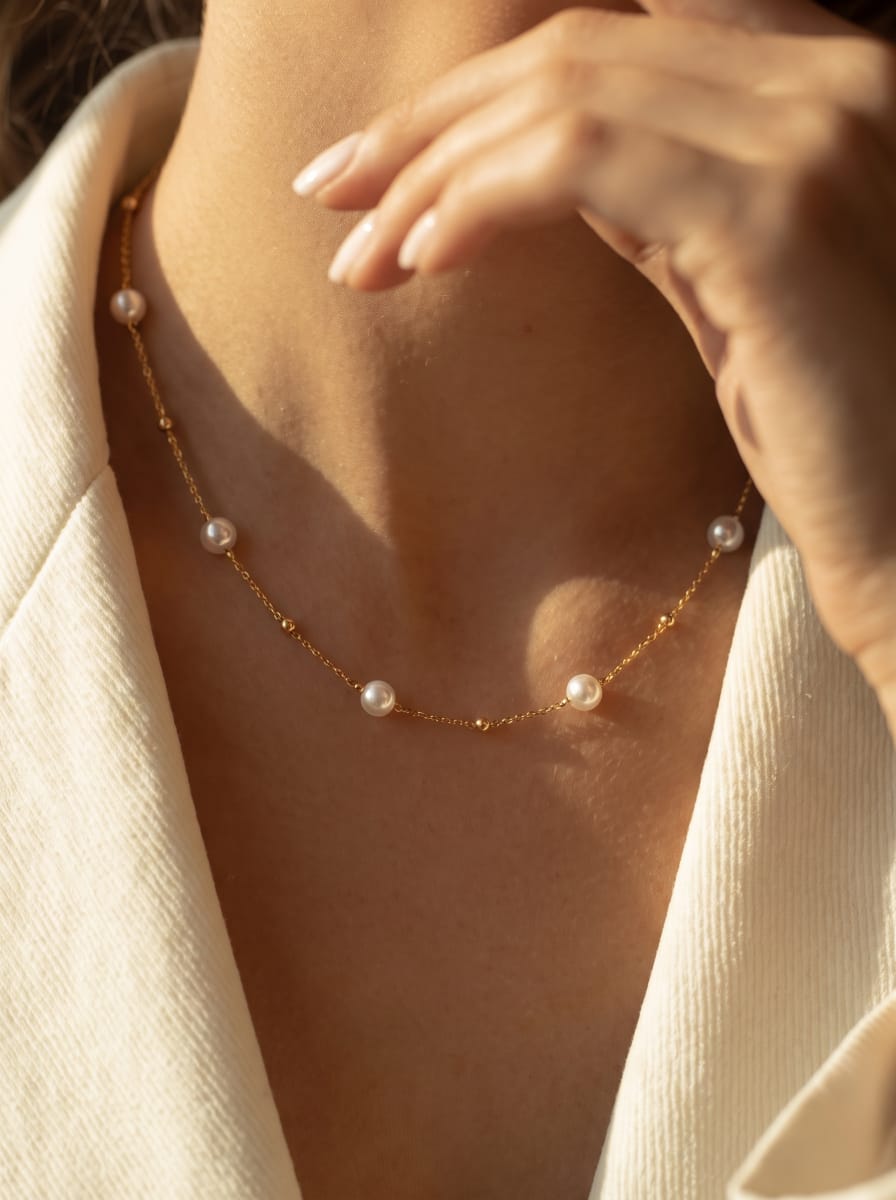 Photo en gros plan d'un délicat collier à chaîne dorée avec de petites perles rondes d'eau douce et de minuscules perles dorées, porté par une personne sur une veste blanche. Les perles semblent flotter le long de la chaîne, créant un effet éthéré. @model