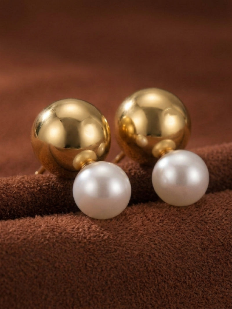 Sphere - Freshwater Pearl Stud Earrings, featuring a polished gold-toned sphere paired with a luminous 10mm white freshwater pearl.