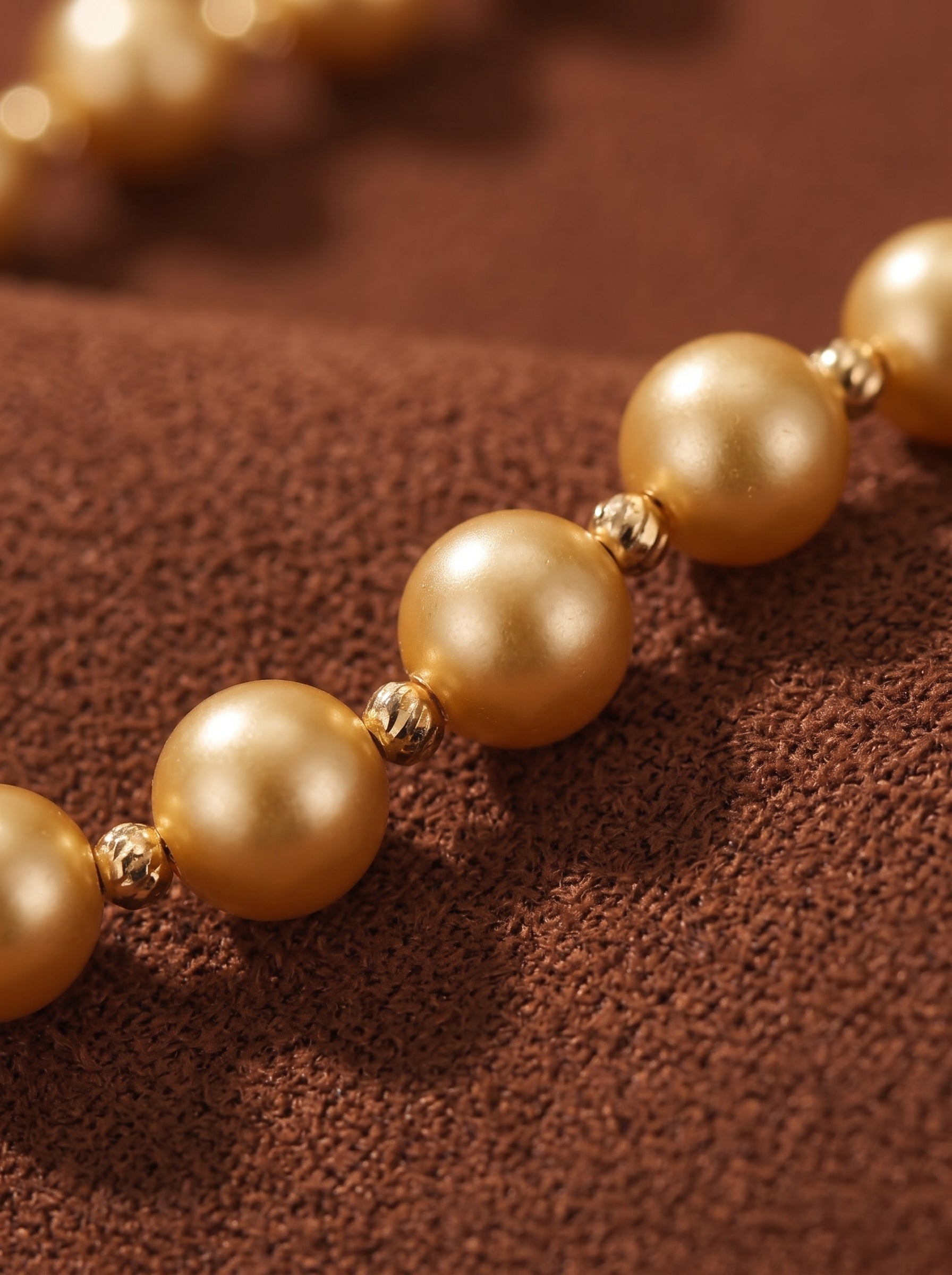 Close-up of a Sunlit Strand long beaded necklace featuring lustrous 9mm golden freshwater pearls with small gold spacer beads, resting on a textured brown surface. @pearl