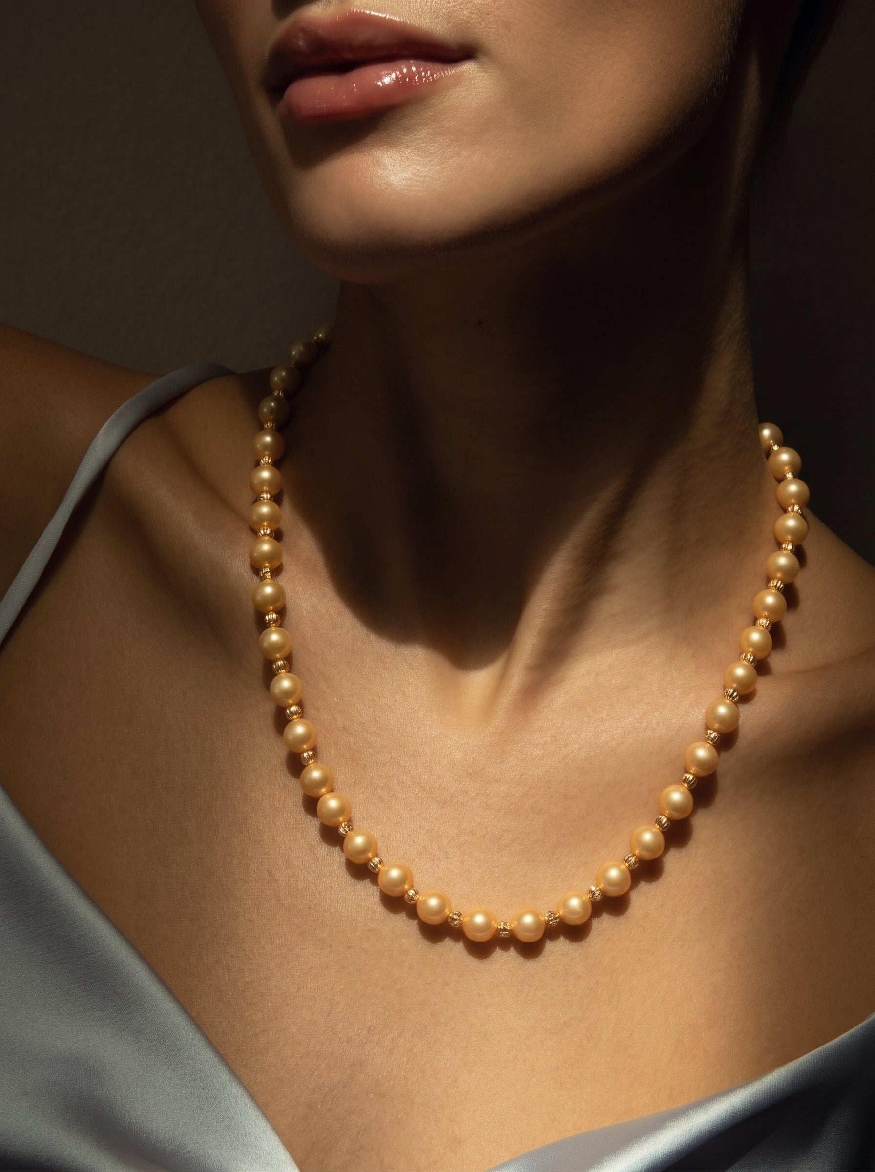 A model wears the Sunlit Strand long beaded necklace featuring 9mm golden freshwater pearls and small gold beads, paired with a light blue satin top. @model