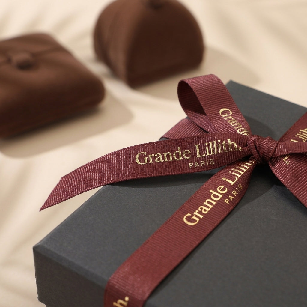 A dark grey signature gift box with a deep red ribbon tied in a bow, featuring the embossed text "Grande Lillith. Paris". @shared