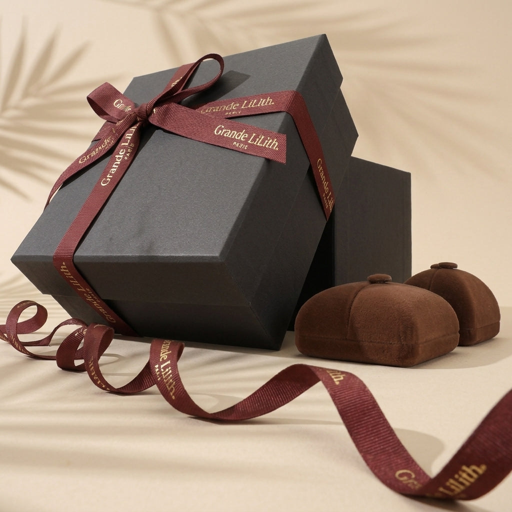A dark grey signature gift box with a burgundy ribbon tied in a bow, the ribbon is embossed with the text "Grande Lilith Paris". Two small brown velvet ring boxes are in the foreground. @shared