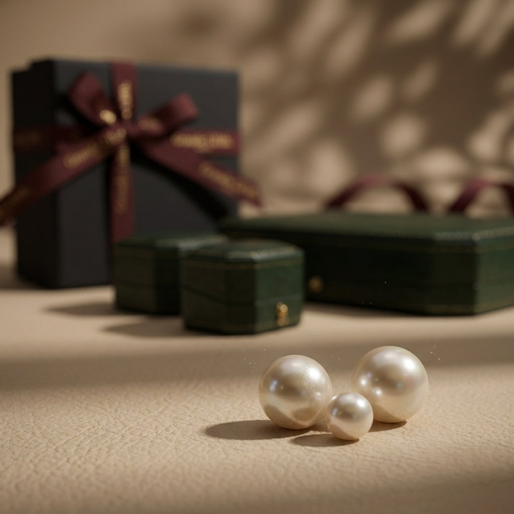 Three luminous pearls of varying sizes rest on a textured surface in front of several elegant green vintage jewelry boxes and a dark gift box tied with a burgundy ribbon.