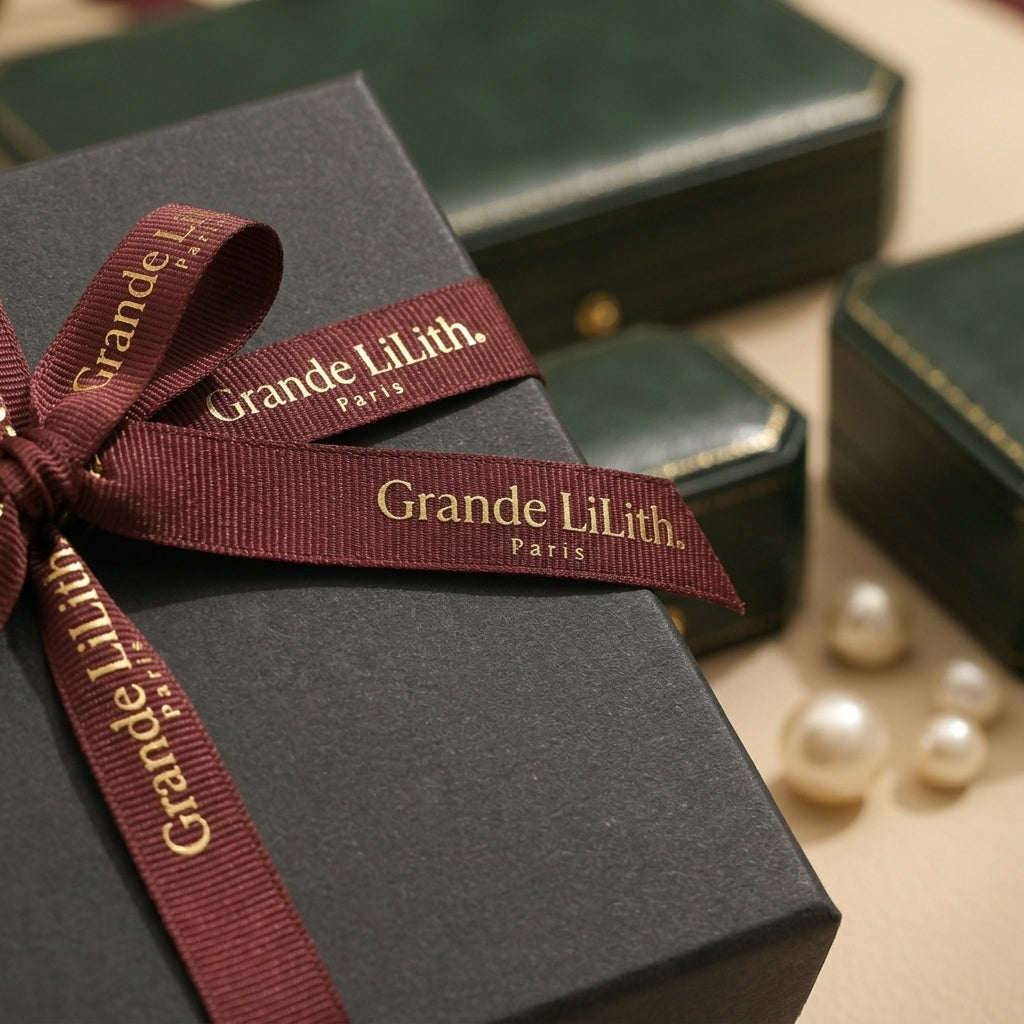A dark grey gift box tied with a burgundy ribbon imprinted with "Grande Lilith. Paris." In the background are several vintage-style deep green jewel boxes and scattered pearls.