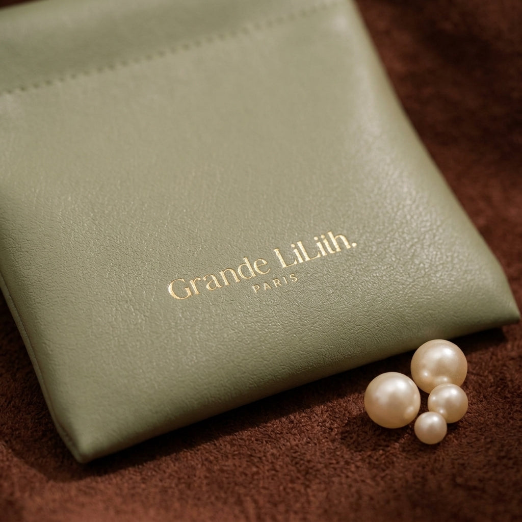 A sage green magnetic pochette with the 'Grande Liliith. Paris' logo in gold, next to a small cluster of pearls.