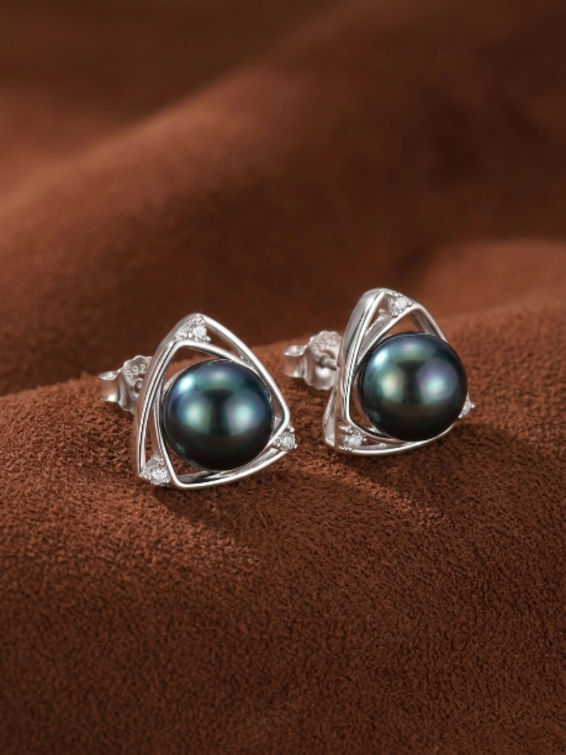 Vertex Tahitian Pearl Triangle Stud Earrings featuring a round 11mm black pearl set in an open silver triangle frame accented with pavé stones.