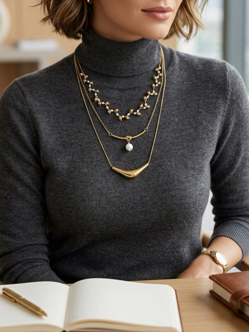 A woman wearing a grey turtleneck and the Voyage layered necklace featuring freshwater pearls and a knot detail, with a gold bar pendant. She is sitting at a desk with an open notebook and pen. @lifestyle