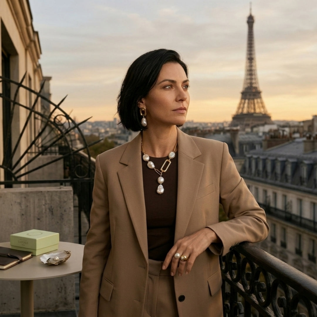 Sophisticated professional woman wearing Grande Lilith baroque pearl jewelry on a Paris rooftop with Eiffel Tower view. Beige blazer, gold and pearl necklace, and light green jewelry box.