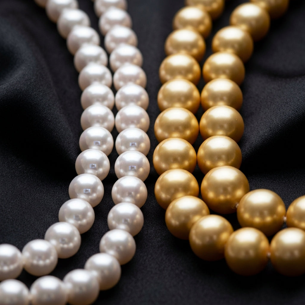 Macro luxury jewelry photograph comparing a Japanese Akoya white pearl strand with mirror reflections alongside a Golden South Sea pearl strand with deep satin sheen on black silk.