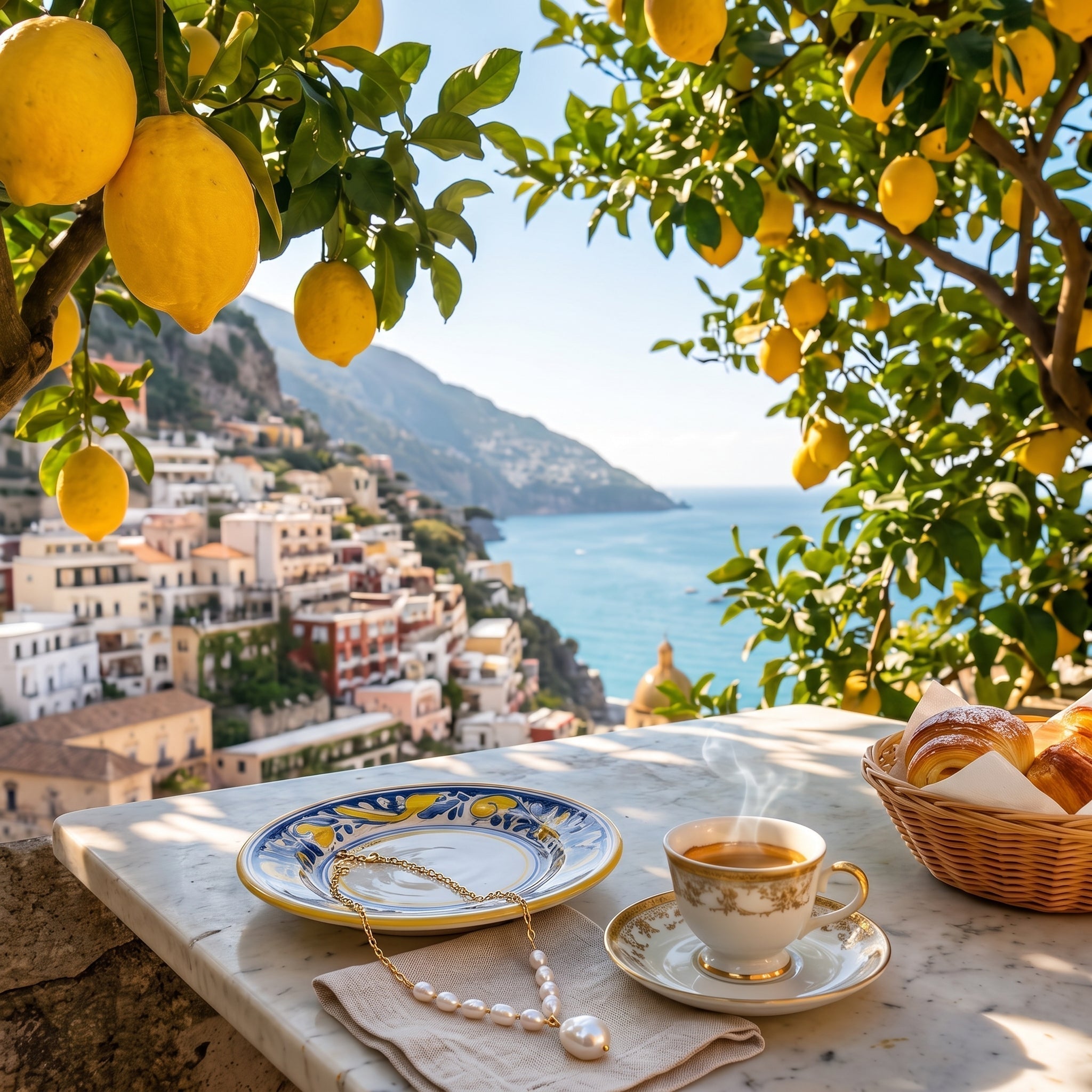 A freshwater pearl drop necklace on a marble table with an espresso cup and lemons overlooking the Amalfi Coast.