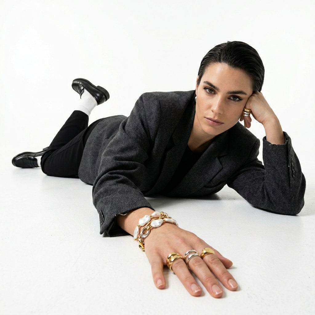 Modern professional woman wearing a stylish charcoal blazer and a baroque freshwater pearl bracelet.