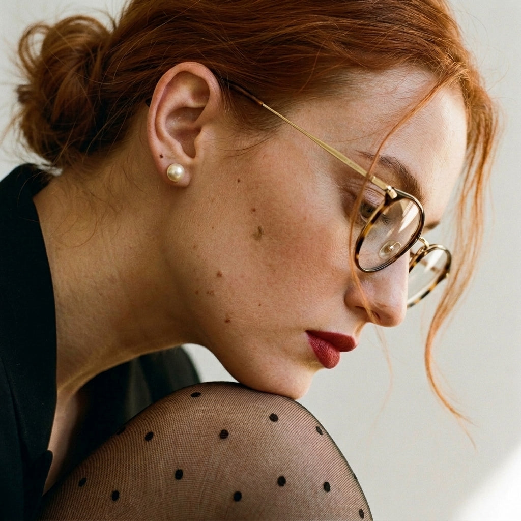 Red-haired woman wearing a white pearl stud earring with a gold setting.