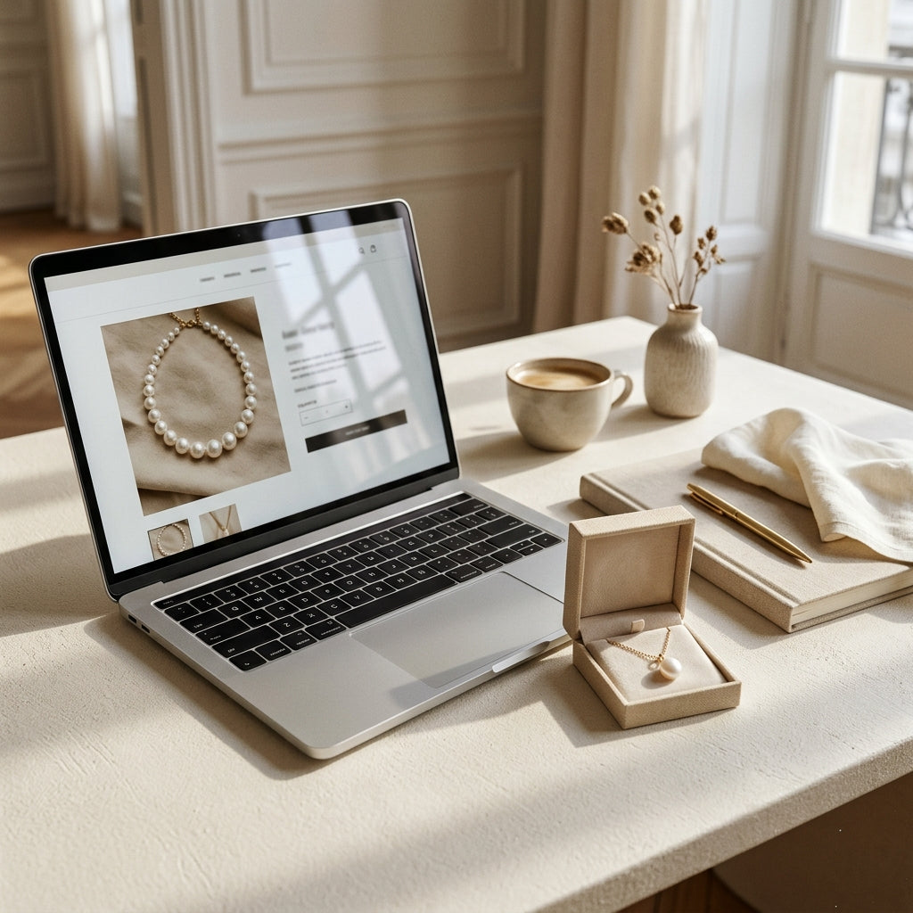 Laptop displaying an online pearl necklace listing beside a freshwater pearl pendant in a jewelry box on a sunlit desk.