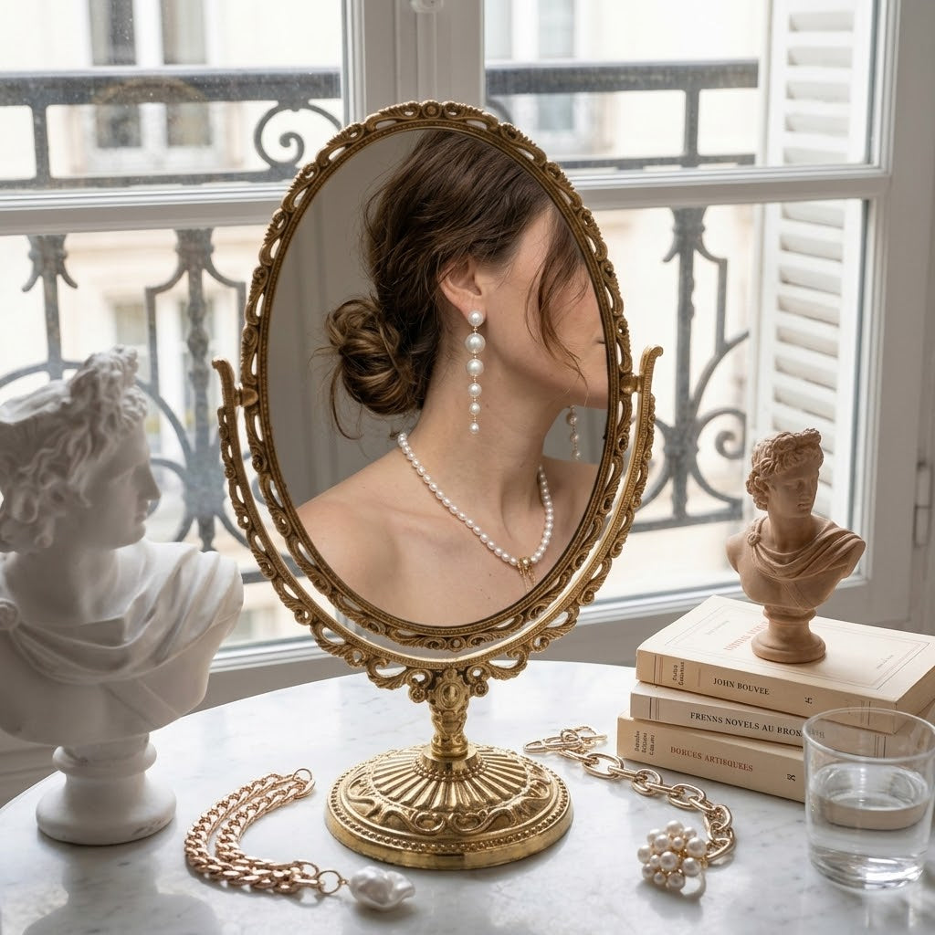 A vintage gold mirror reflecting the elegant neck and bare shoulder of a woman wearing modern long pearl earrings, perfectly capturing the effortless French girl aesthetic and quiet luxury.