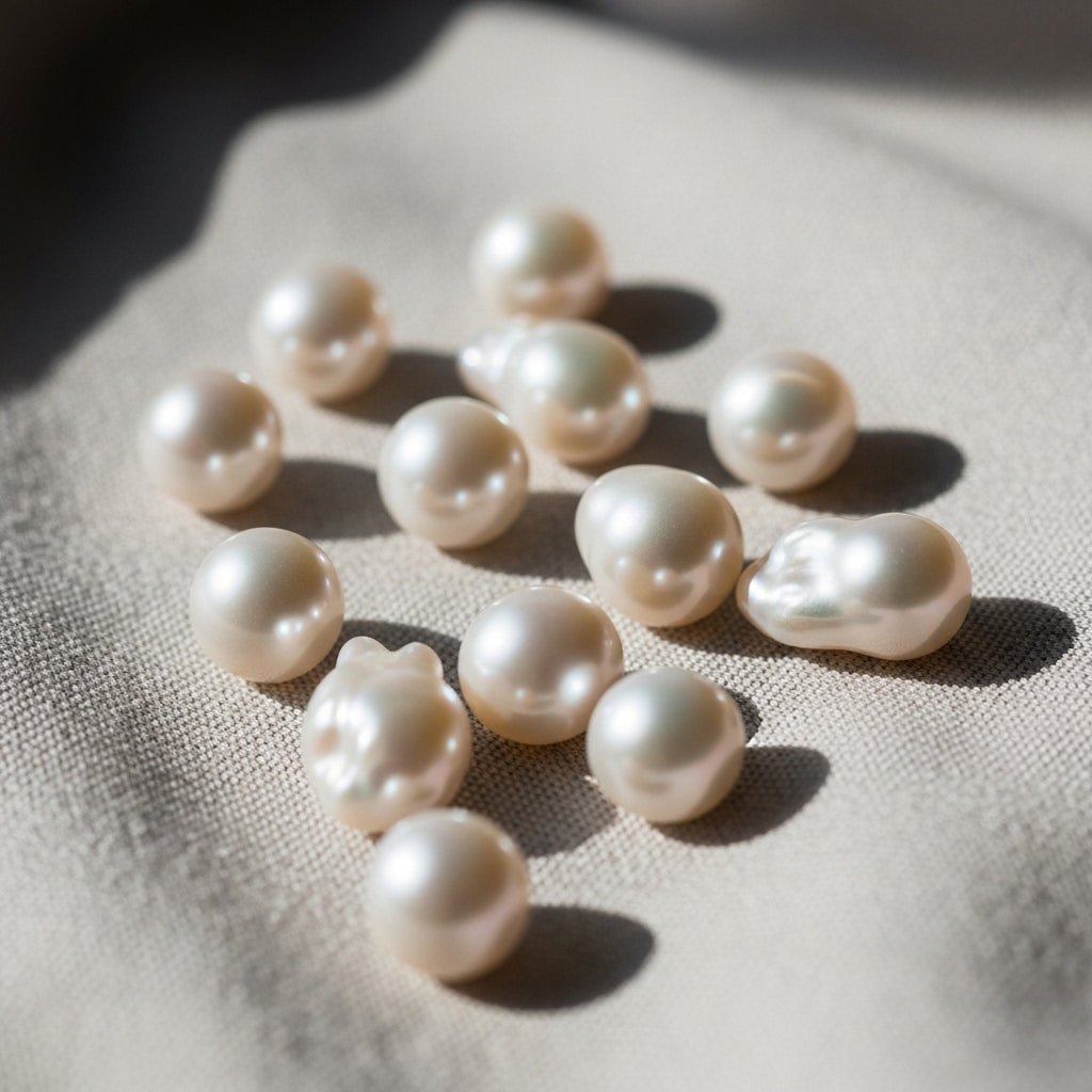 A mix of round and baroque loose freshwater pearls resting on raw silk, showcasing high nacre quality.
