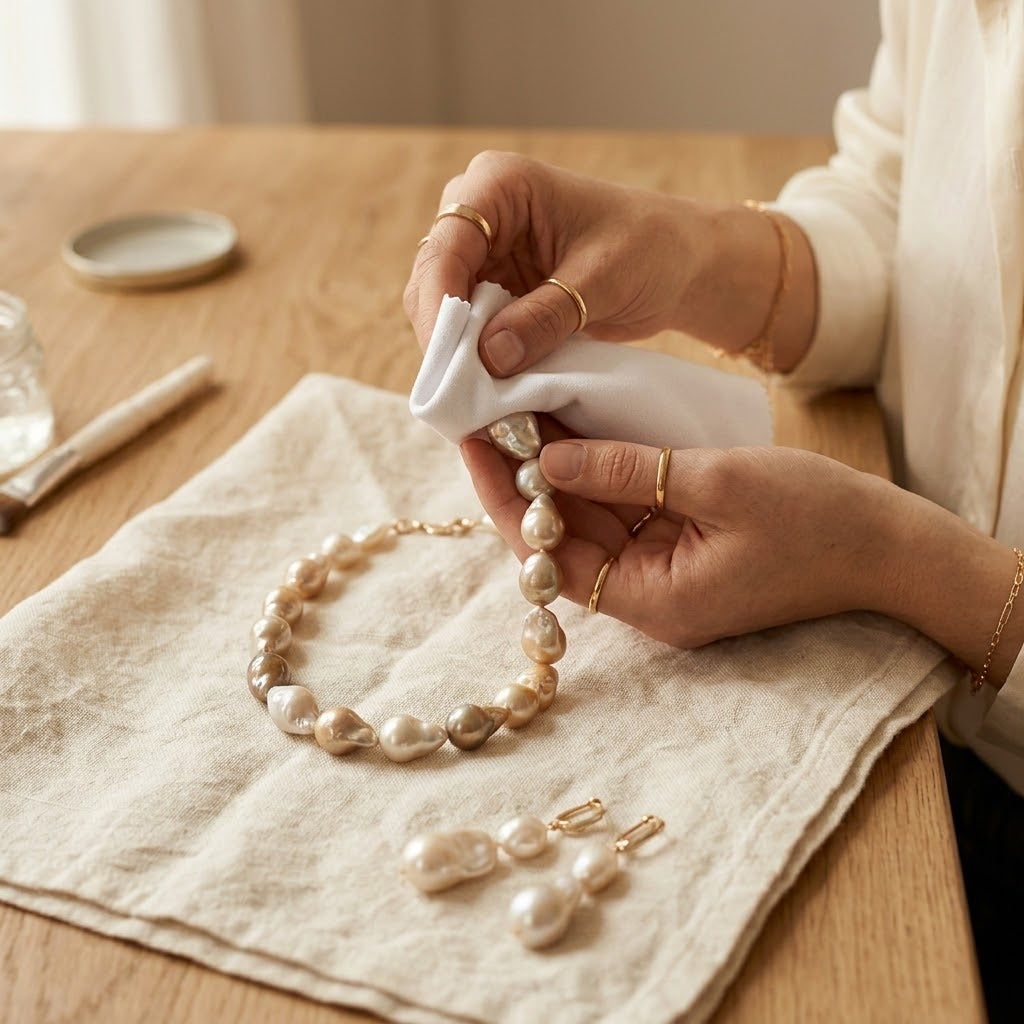 A woman’s hands gently cleaning a lustrous baroque pearl necklace with a soft cloth to maintain its shine.