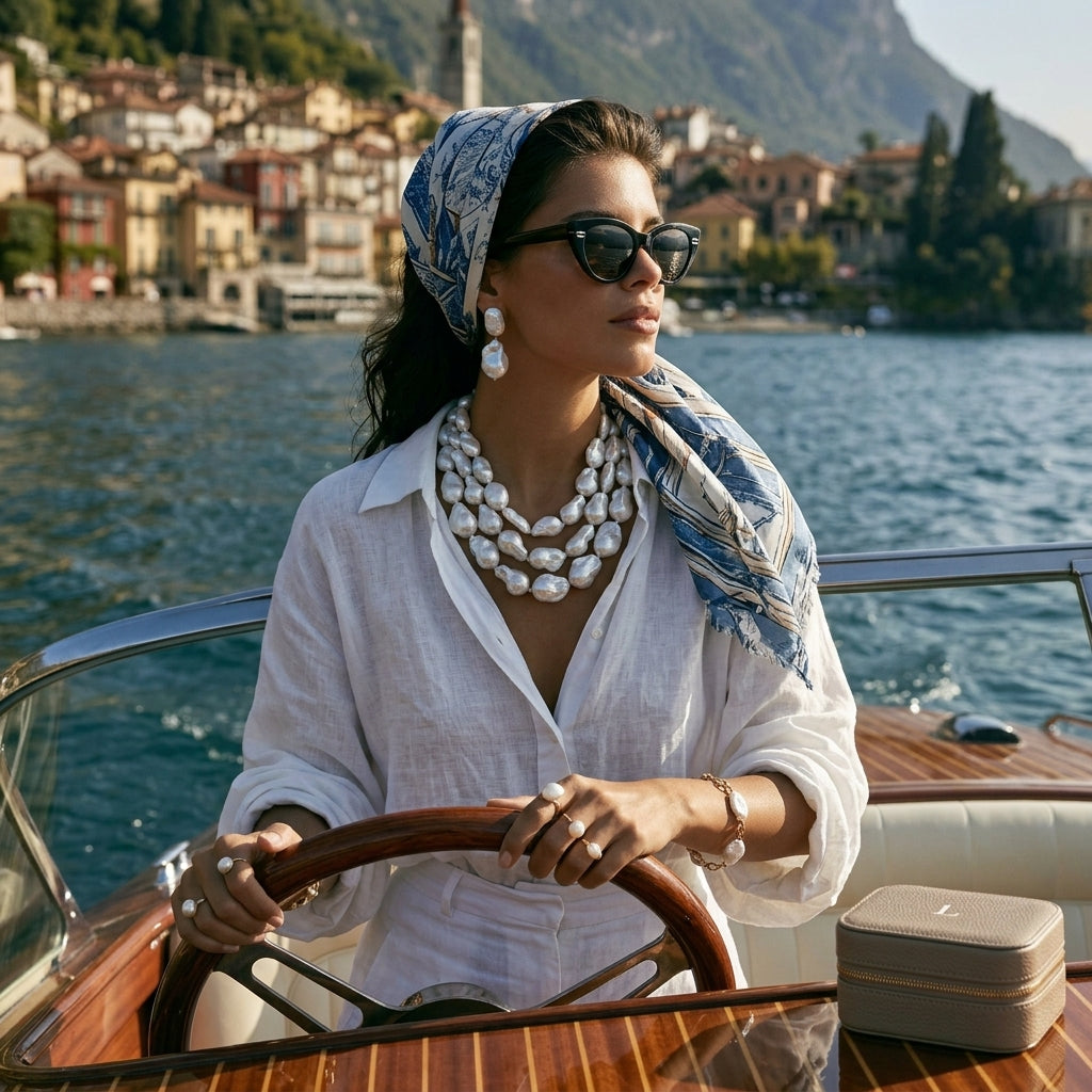 High-fashion realistic hero image for 'Traveling with Pearls,' featuring a woman on a vintage wooden boat with a stunning multi-strand baroque pearl necklace, embodying modern quiet luxury.