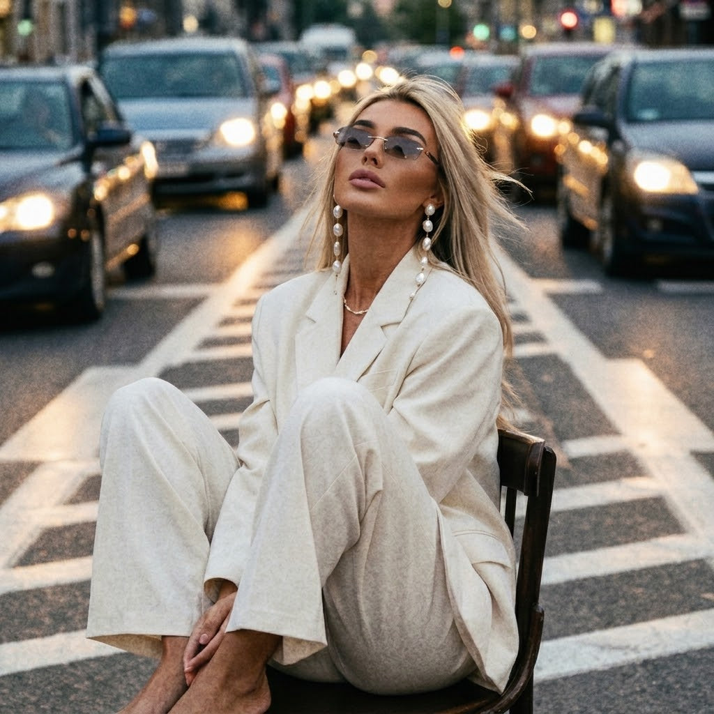 Modern woman sitting on a wooden chair in the middle of a busy city street, wearing a cream-colored blazer and elegant long pearl drop earrings.